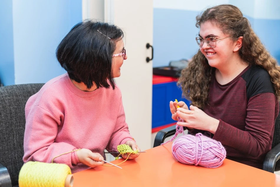 A disabled woman and her friend knitting